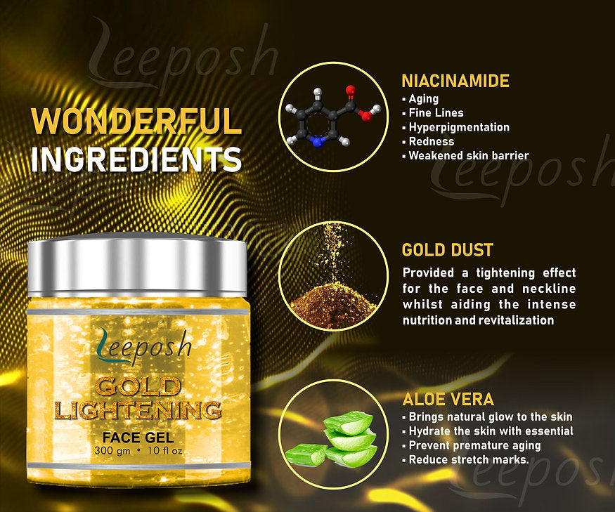 Cosderma Leeposh  24 Caret Gold Gel With Niacinamide Aloe vera Remove instant Tan & Lighten skin, 300gm