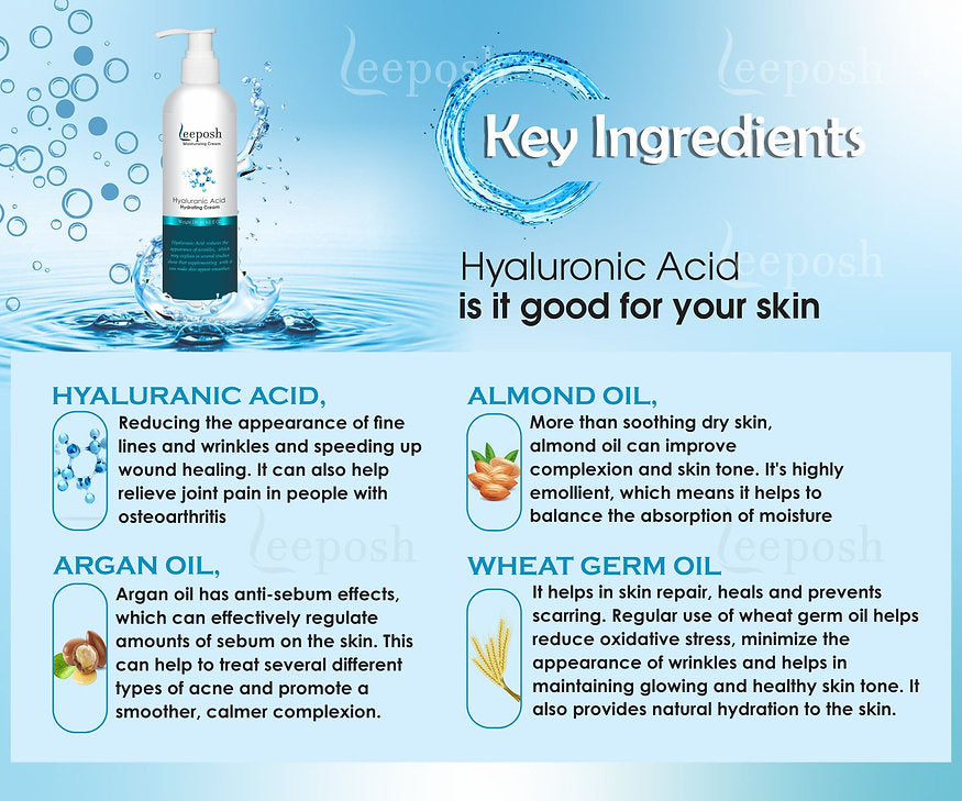 Cosderma LEEPOSH Hyaluronic Acid Moisturizer Intense Hydrating Anti ageing HA Cream, 180ml