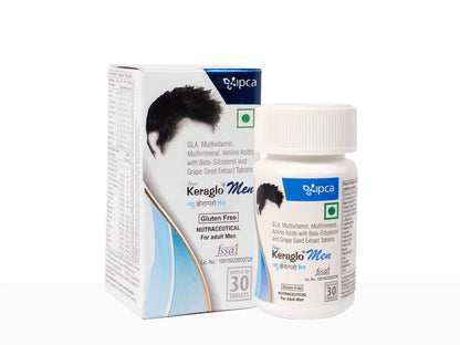 Keraglo Men packaging box and tablet bottle for male hair care